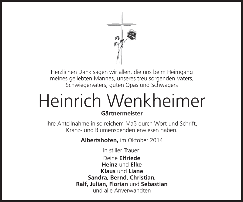  Traueranzeige für Heinrich Wenkheimer vom 08.11.2014 aus MGO