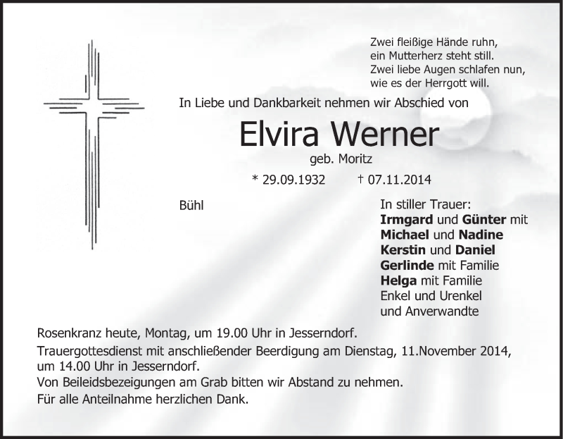  Traueranzeige für Elvira Werner vom 10.11.2014 aus MGO