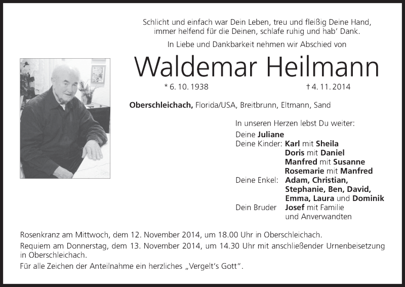  Traueranzeige für Waldemar Heilmann vom 10.11.2014 aus MGO
