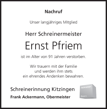 Anzeige von Ernst Pfriem von MGO