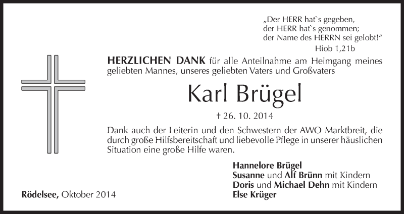  Traueranzeige für Karl Brügel vom 15.11.2014 aus MGO
