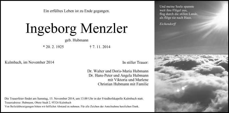  Traueranzeige für Ingeborg Menzler vom 12.11.2014 aus MGO