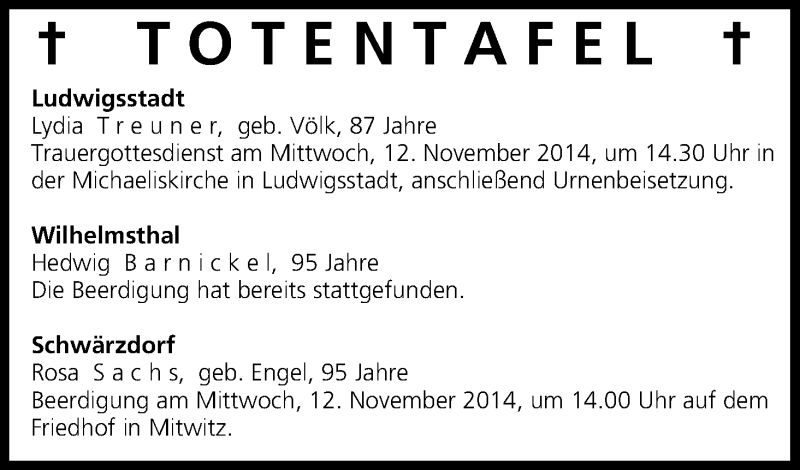  Traueranzeige für Totentafel vom 11.11.2014 vom 11.11.2014 aus MGO
