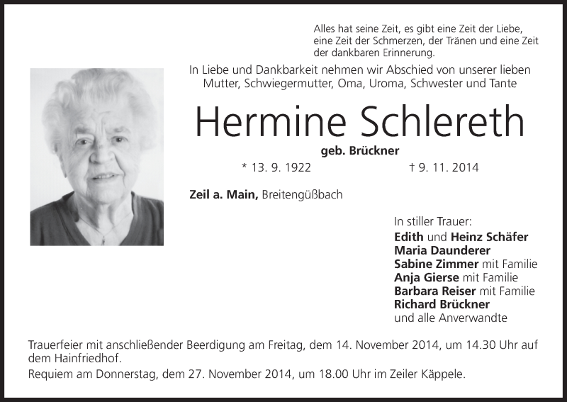  Traueranzeige für Hermine Schlereth vom 11.11.2014 aus MGO