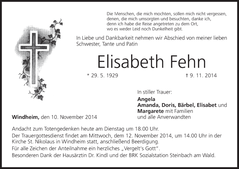  Traueranzeige für Elisabeth Fehn vom 11.11.2014 aus MGO
