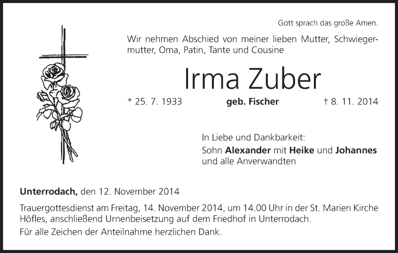  Traueranzeige für Irma Zuber vom 12.11.2014 aus MGO