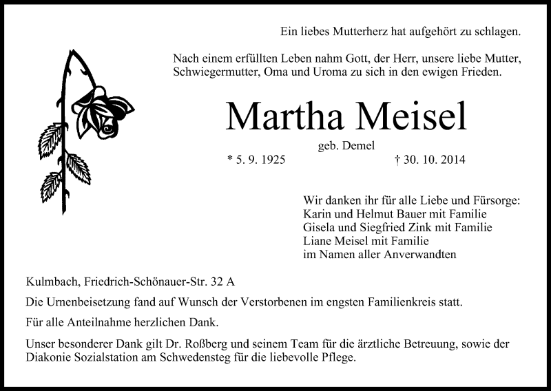  Traueranzeige für Martha Meisel vom 14.11.2014 aus MGO
