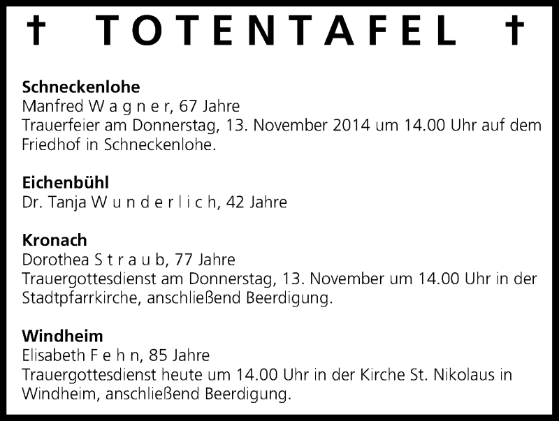  Traueranzeige für Totentafel vom 12.11.2014 vom 12.11.2014 aus MGO