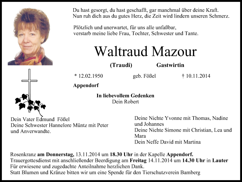  Traueranzeige für Waltraud Mazour vom 12.11.2014 aus MGO
