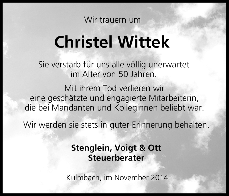  Traueranzeige für Christel Wittek vom 13.11.2014 aus MGO