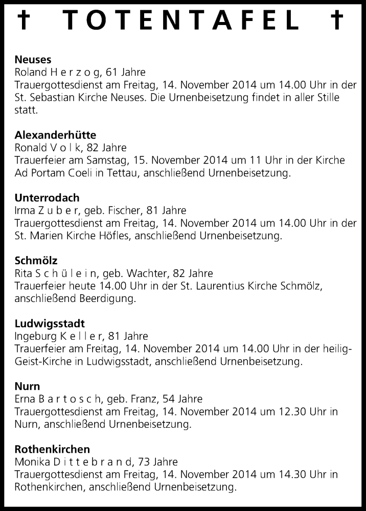  Traueranzeige für Totentafel vom 13.11.2014 vom 13.11.2014 aus MGO