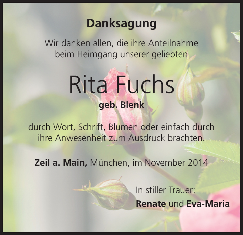  Traueranzeige für Rita Fuchs vom 15.11.2014 aus MGO