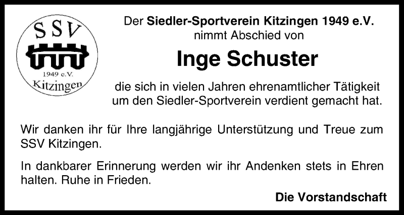  Traueranzeige für Inge Schuster vom 14.11.2014 aus MGO