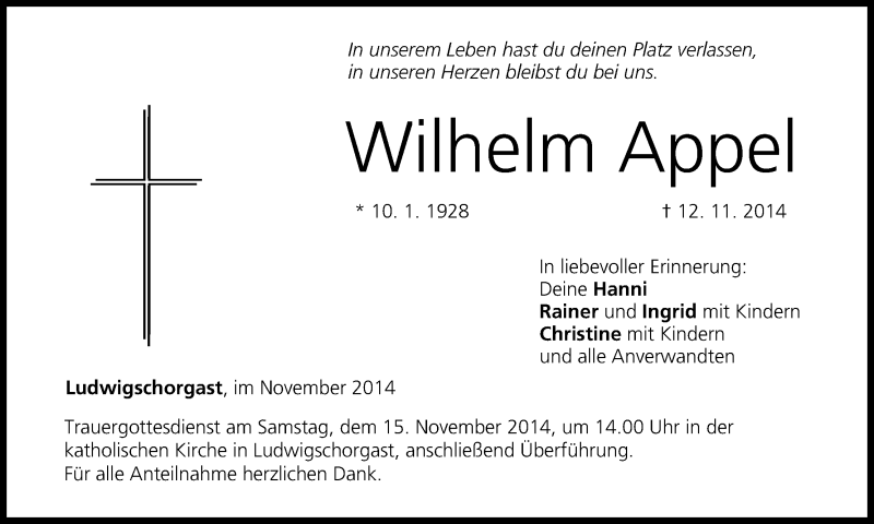  Traueranzeige für Wilhelm Appel vom 14.11.2014 aus MGO