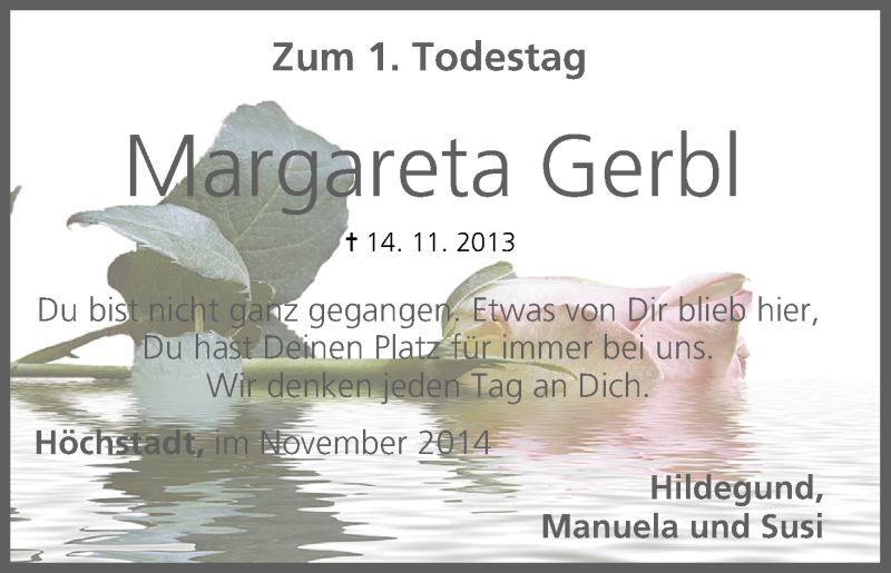  Traueranzeige für Margareta Gerbl vom 14.11.2014 aus MGO