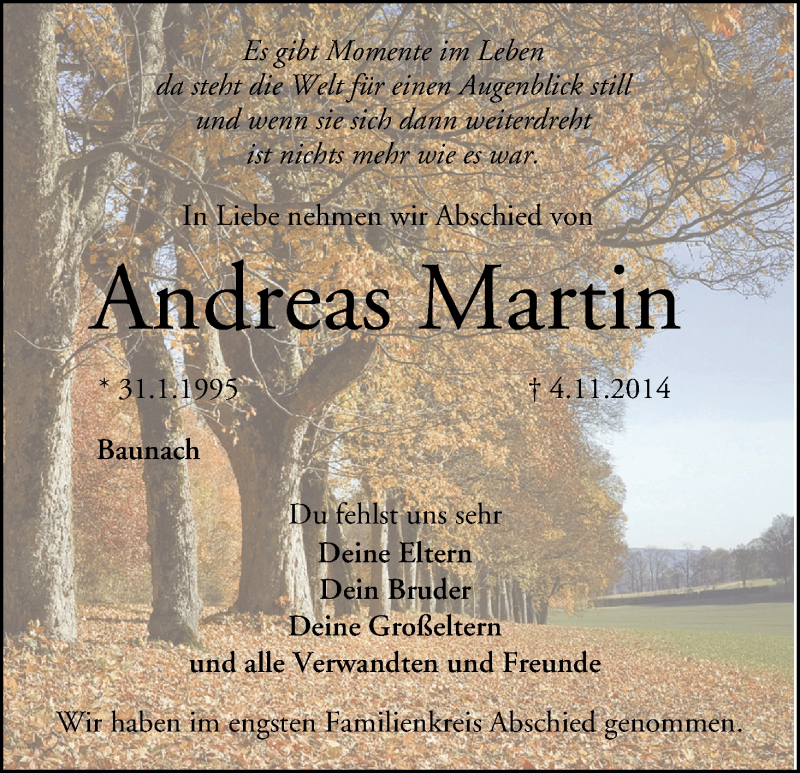  Traueranzeige für Andreas Martin vom 15.11.2014 aus Mediengruppe Oberfranken