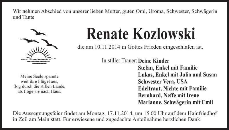  Traueranzeige für Renate Kozlowski vom 15.11.2014 aus MGO
