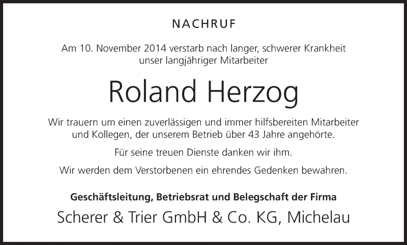  Traueranzeige für Roland Herzog vom 14.11.2014 aus MGO