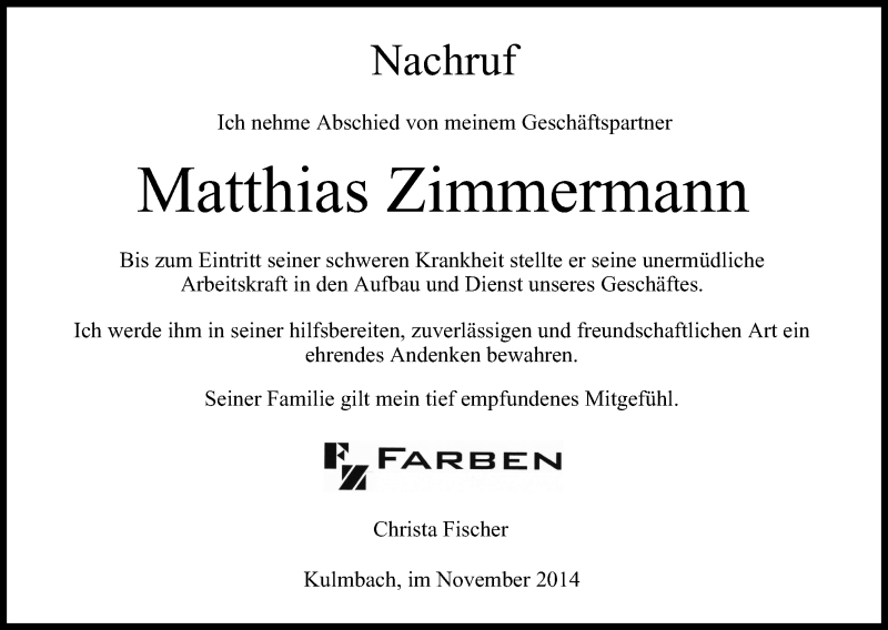  Traueranzeige für Matthias Zimmermann vom 15.11.2014 aus MGO