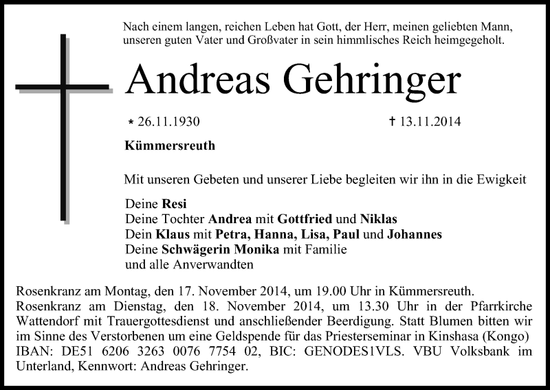  Traueranzeige für Andreas Gehringer vom 15.11.2014 aus MGO