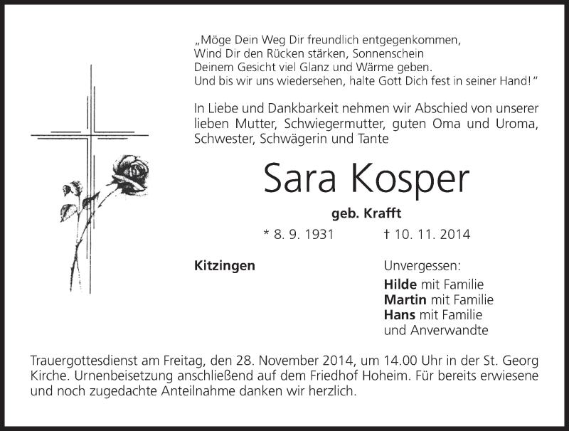  Traueranzeige für Sara Kosper vom 26.11.2014 aus MGO