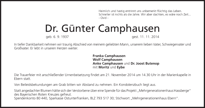  Traueranzeige für Günter Camphausen vom 17.11.2014 aus MGO