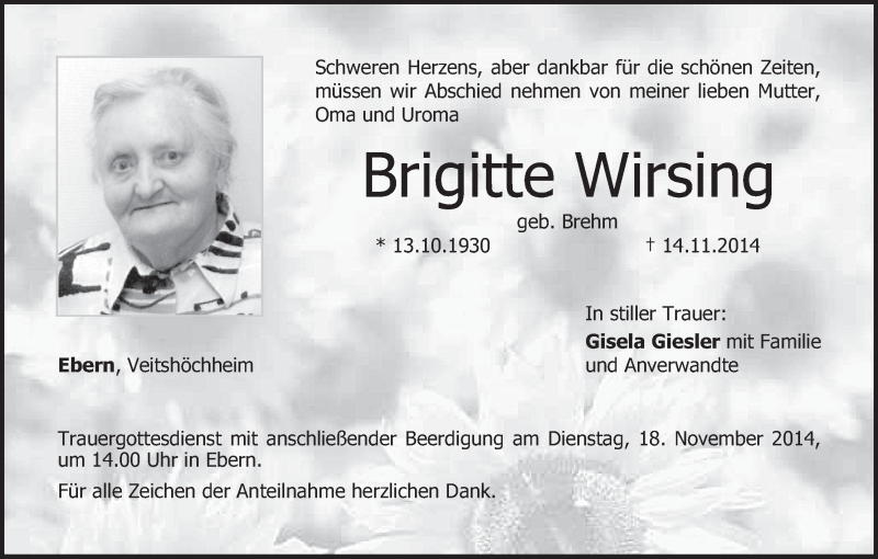  Traueranzeige für Brigitte Wirsing vom 17.11.2014 aus MGO