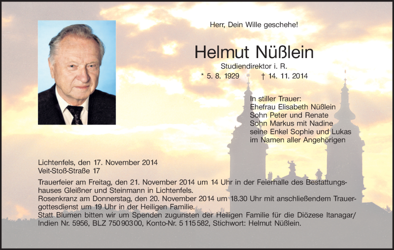  Traueranzeige für Helmut Nüßlein vom 17.11.2014 aus MGO