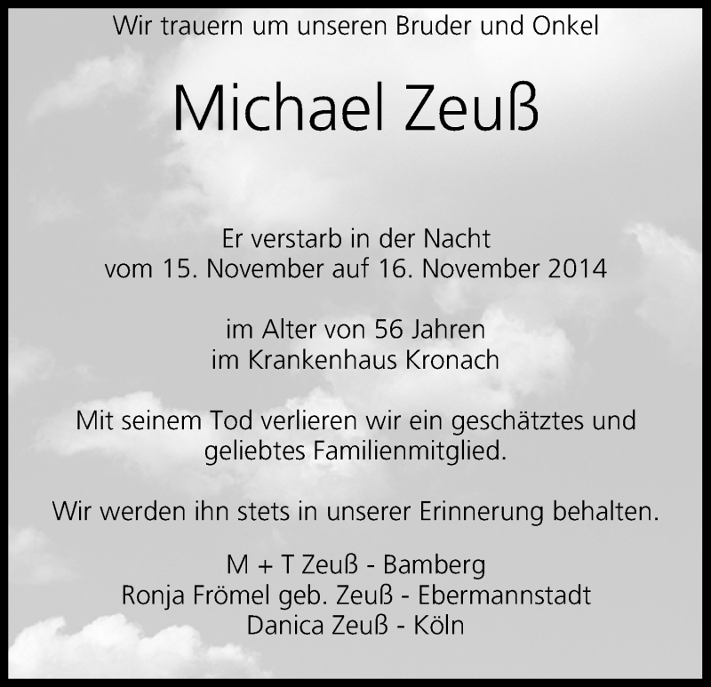  Traueranzeige für Michael Zeuß vom 17.11.2014 aus MGO