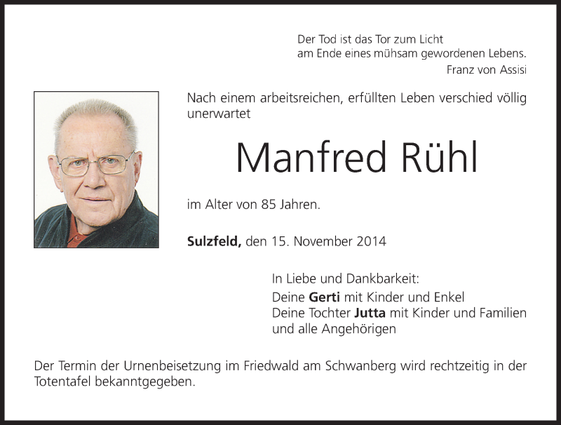  Traueranzeige für Manfred Rühl vom 18.11.2014 aus MGO