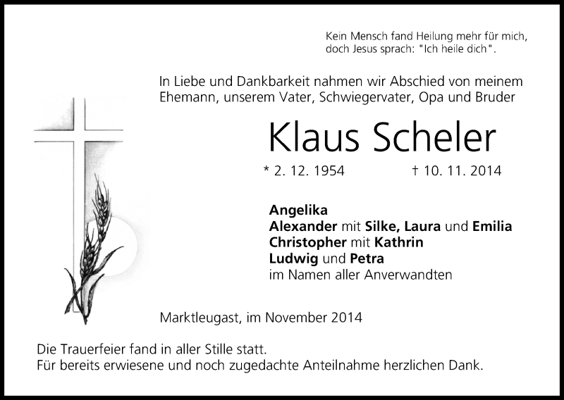  Traueranzeige für Klaus Scheler vom 19.11.2014 aus MGO