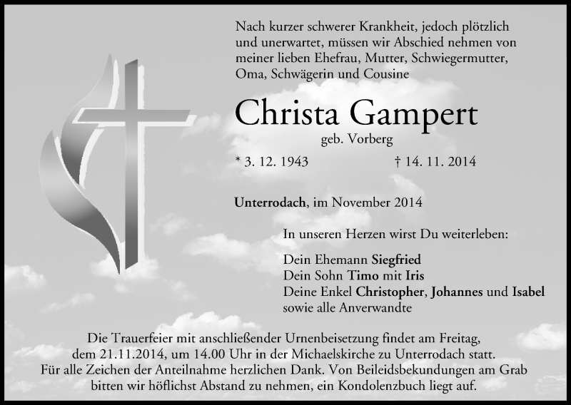  Traueranzeige für Christa Gampert vom 19.11.2014 aus MGO