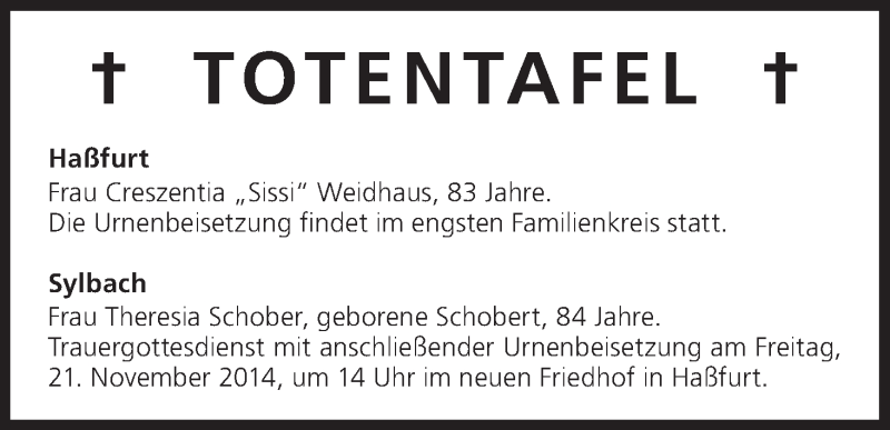  Traueranzeige für Totentafel vom 20.11.2014 vom 20.11.2014 aus MGO