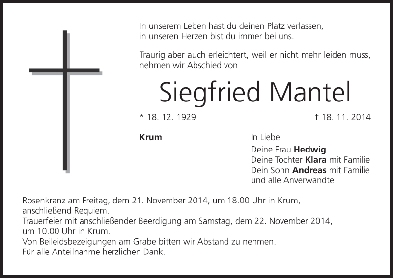  Traueranzeige für Siegfried Mantel vom 20.11.2014 aus MGO