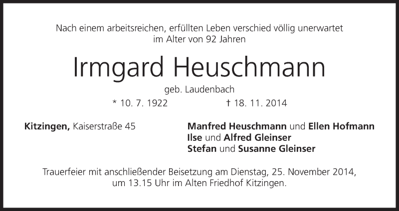  Traueranzeige für Irmgard Heuschmann vom 22.11.2014 aus MGO