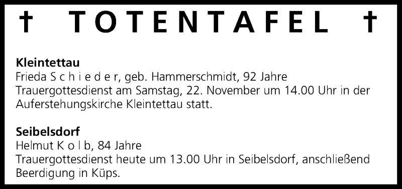  Traueranzeige für Totentafel vom 21.11.2014 vom 21.11.2014 aus MGO
