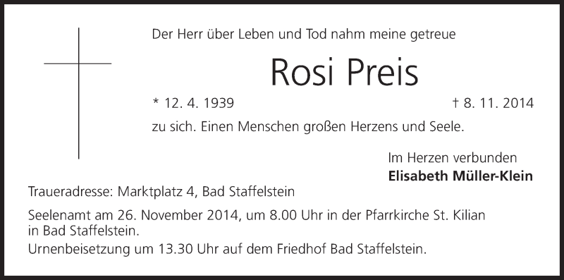  Traueranzeige für Rosi Preis vom 22.11.2014 aus MGO