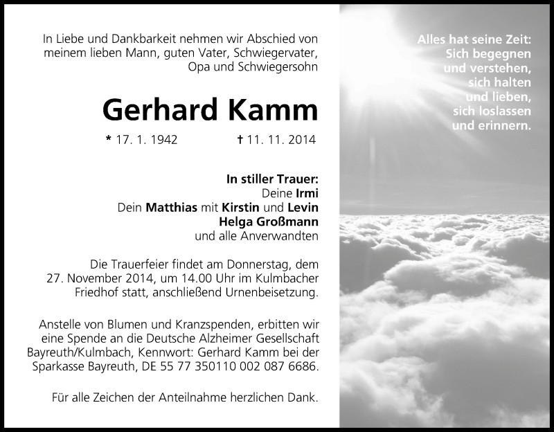  Traueranzeige für Gerhard Kamm vom 22.11.2014 aus MGO