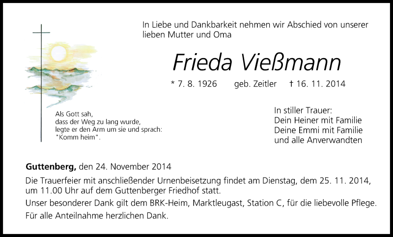  Traueranzeige für Frieda Vießmann vom 24.11.2014 aus MGO