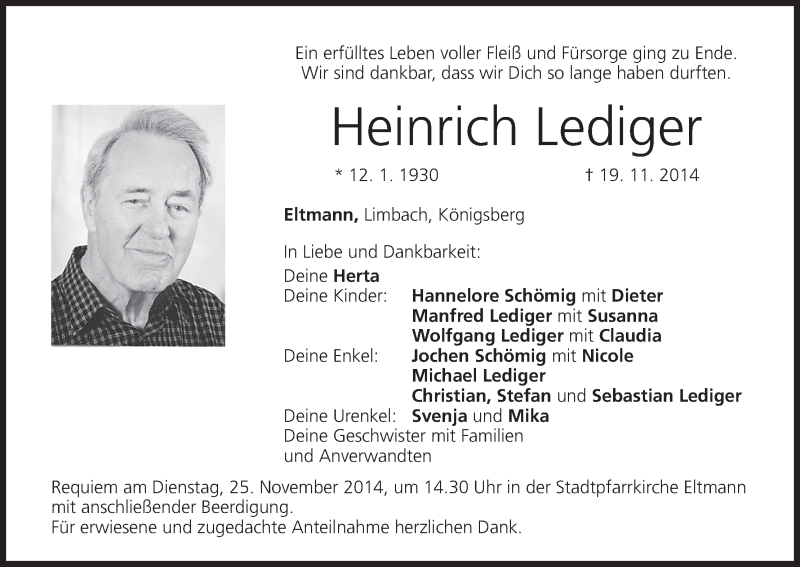  Traueranzeige für Heinrich Lediger vom 24.11.2014 aus MGO