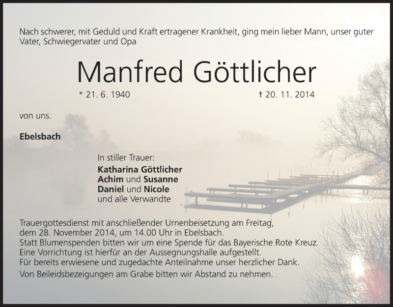  Traueranzeige für Manfred Göttlicher vom 24.11.2014 aus MGO