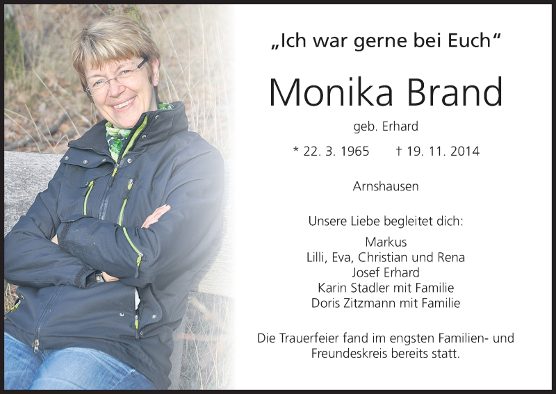  Traueranzeige für Monika Brand vom 26.11.2014 aus MGO