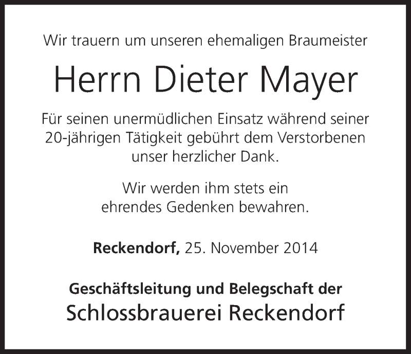  Traueranzeige für Dieter Mayer vom 25.11.2014 aus MGO
