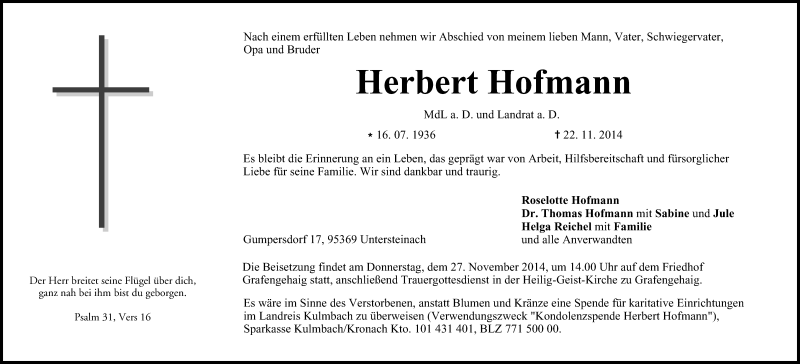  Traueranzeige für Herbert Hofmann vom 25.11.2014 aus MGO