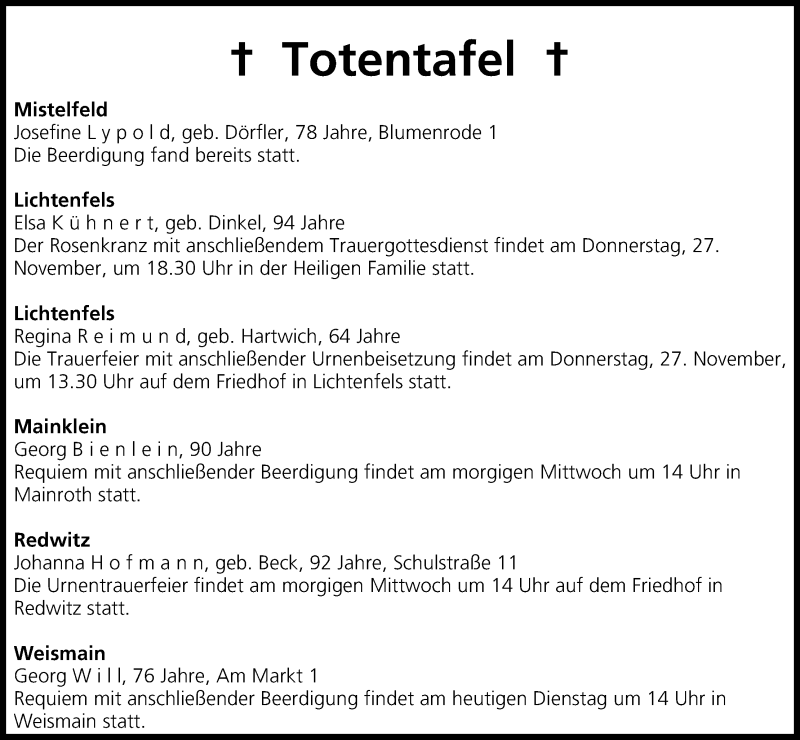  Traueranzeige für Totentafel vom 25.11.2014 vom 25.11.2014 aus MGO