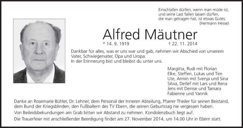  Traueranzeige für Alfred Mäutner vom 25.11.2014 aus MGO