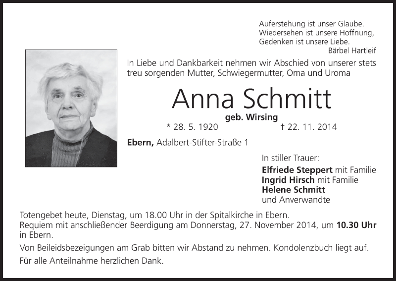  Traueranzeige für Anna Schmitt vom 25.11.2014 aus MGO
