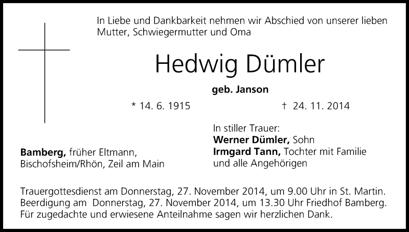  Traueranzeige für Hedwig Dümler vom 25.11.2014 aus MGO