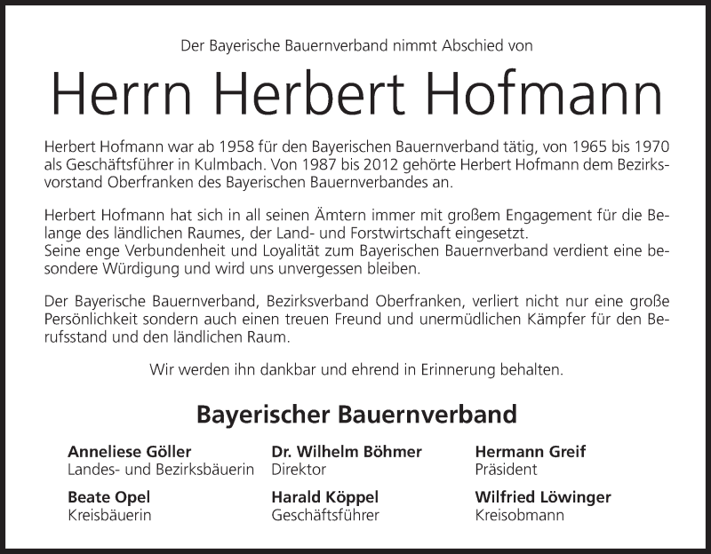 Traueranzeige für Herbert Hofmann vom 25.11.2014 aus MGO