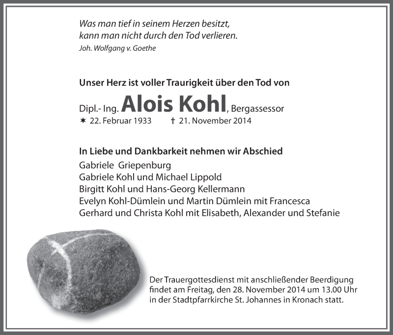  Traueranzeige für Alois Kohl vom 26.11.2014 aus MGO